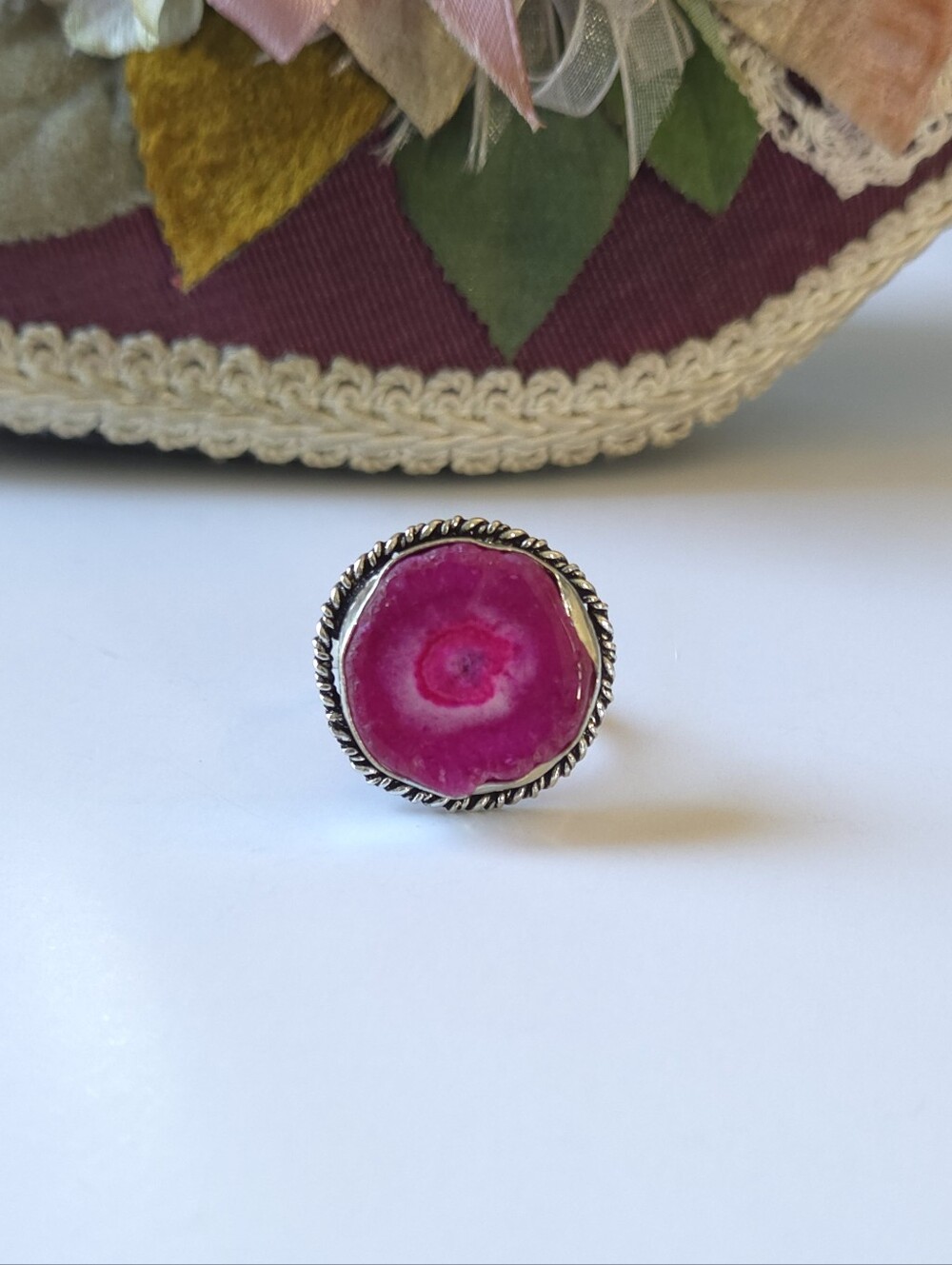 Pink Druzy Quartz Sterling Silver Ring Size 9 Marked 925